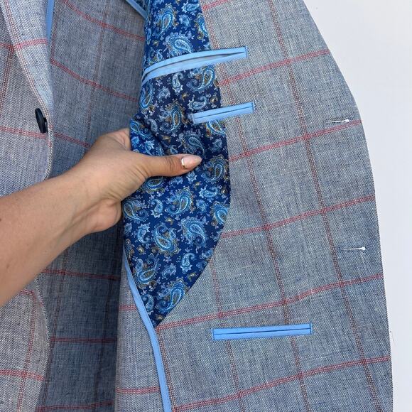 Paul Fredrick Linen Cotton Men’s Blazer Jacket Light Blue Windowpane 48R - Picture 8 of 9